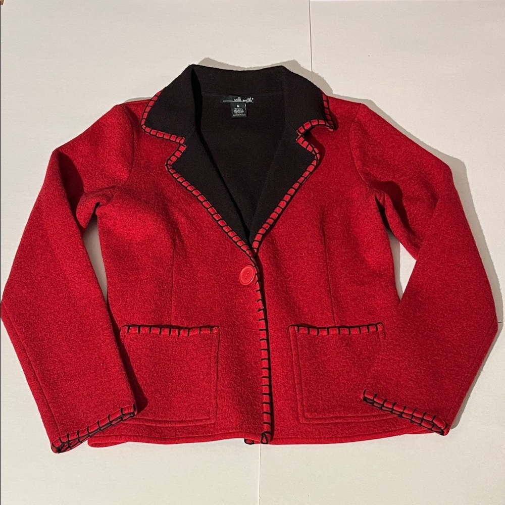 Willi Smith Wool Blend Red Black Collared Cartigan Sweater Medium Winter Fall